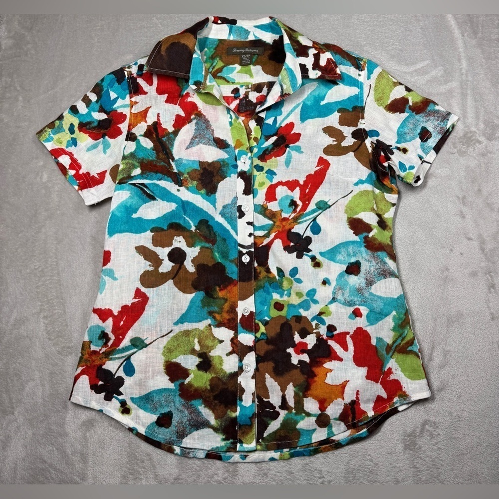 Tommy Bahama Women’s 100% Linen Watercolor Floral Button Front Collared Top XS